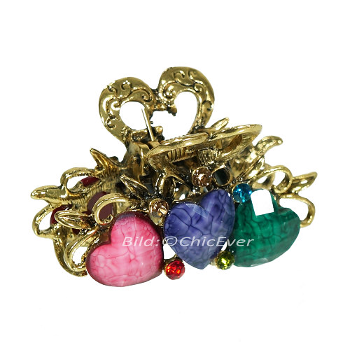 Haargreifer Herzen Haarklammer Metall Strass 3x2cm bunt gold 5697a